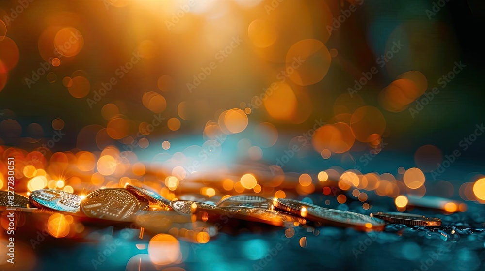 Poster close-up of scattered coins on a surface with vibrant bokeh lights in the background, creating a war