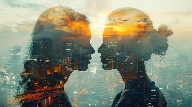 multiple exposure shot of two architects in a building superimposed on a cityscape