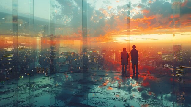 multiple exposure shot of two architects in a building superimposed on a cityscape