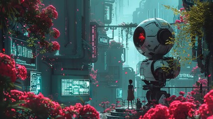 Capture the essence of a surreal dreamscape by depicting robotic gardeners in a pixel art style Focus on sharp lines