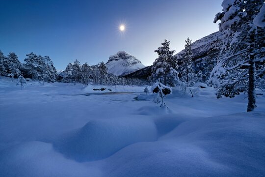 Scenic view of moonrise over Innerdalen, Norway in winter