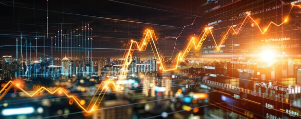 Fototapeta premium Abstract financial graph on city background with glowing lines, representing economic growth, stock market trends, and business analytics.