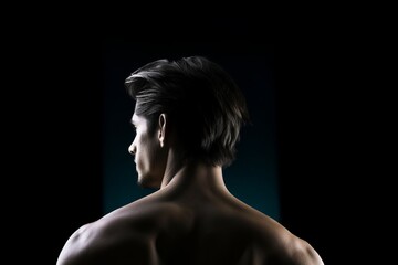 Back view of shirtless man on black background