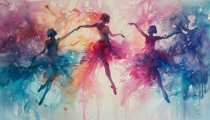Capture the grace and dynamism of aerial ballet in watercolor, showcasing dancers entwined with drones in a fluid, ethereal dance