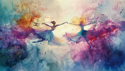 Capture the grace and dynamism of aerial ballet in watercolor, showcasing dancers entwined with drones in a fluid, ethereal dance