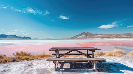 Tranquil scene featuring a picnic table next to a peaceful pink salt lake under a clear blue sky