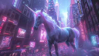 Capture the majestic elegance of a unicorn in a gleaming futuristic cityscape