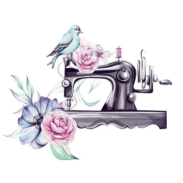 recommend clip art: Watercolor vintage sewing machine with blue bird and romantic flowers for tailoring. Clothes design. Handcraft in retro style. Vintage old-fashion, tailoring for logo, postcard, fabric, printing