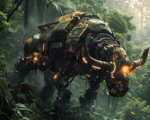 Capture the raw power of a robotic Minotaur tangled in vines, sparks flying from its hydraulic limbs in a lush, jungle setting Rendered with a mix of photorealism and glitch art