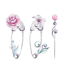 Watercolor vintage sewing tools - pins in romantic, retro style with flowers, roses and curl. Tailoring and decoration. Vintage old-fashion, tailoring for logo, postcard, fabric, printing