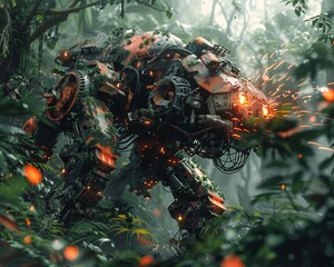 Capture the raw power of a robotic Minotaur tangled in vines, sparks flying from its hydraulic limbs in a lush, jungle setting Rendered with a mix of photorealism and glitch art