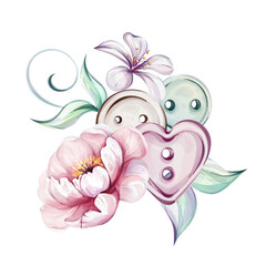 Watercolor buttons, sewing tool compositions with romantic flowers, rose and peony, vintage springtime flower for design, logo, postcard. Isolated. Elegance retro botanical illustration. Isolated