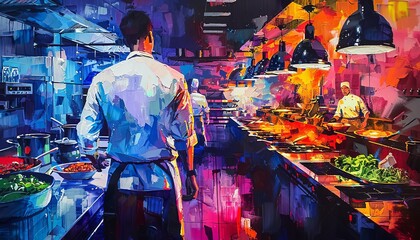 Combine traditional art medium of acrylic with a rear view of a futuristic culinary arts setting Experiment with color theory to evoke a sense of innovation and creativity Bring th