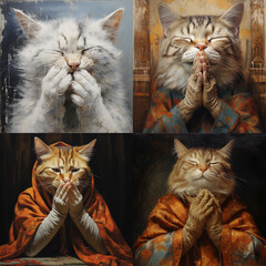 art painting cat covers nose with paw and eyes closed