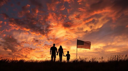 Fototapeta premium A family stands together, gazing at a stunning sunset with an American flag