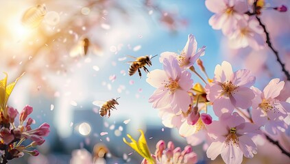 Honey Bees Pollinating Cherry Blossom Flowers