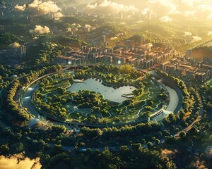 Craft a mesmerizing scene of sports triumph amidst a lush eco-friendly landscape seen from above