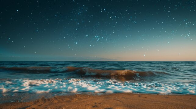 hyper realistic serene beach, waves gently hitting the golden sand shore, sky illuminated by a galaxy of stars, clear night, tranquil ambiance, detailed reflections on water