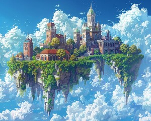 Craft a pixel art composition featuring fantastical floating islands at eye level, playing with perspective to immerse viewers in a dreamlike realm of lavish imagination