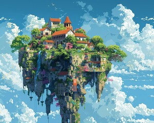 Craft a pixel art composition featuring fantastical floating islands at eye level, playing with perspective to immerse viewers in a dreamlike realm of lavish imagination