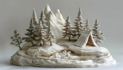 Craft a Surrealism clay sculpture of a dreamlike wilderness camping scene, from eye level, blending reality and fantasy into a distinctive and captivating artwork