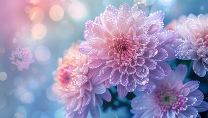 Beautiful chrysanthemum flowers with dew drops on petals.