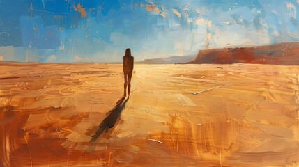 Create a minimalist oil painting of a mysterious figure in a vast, empty desert Incorporate psychological elements like fragmented shadows and distorted perspectives