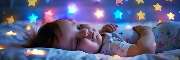 Cute baby sleeping peacefully in bed with colorful star-shaped lights in the background