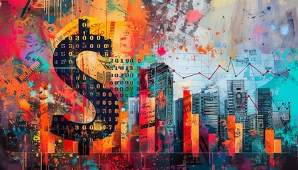 Create an Abstract Art representation of Financial Trends using vivid acrylic colors and dynamic brush strokes