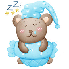 A cute brown bear is sleeping and hugging a pillow. Good night, sweet dreams