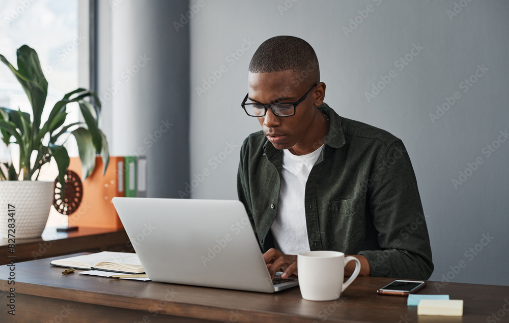 Poster business, laptop and black man typing in office for software, research and check information in crea