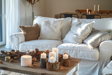 Cozy living room interior with a white sofa, decorative pillows, and a wooden table with lit candles.