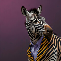  a zebra in profile view, looking surprisingly sharp in a yellow suit and violet horn-rimmed glasses