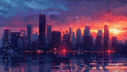 Employ pixel art to create a panoramic view that merges bar graphs and cityscapes, using bold colors and crisp lines to draw viewers into the data viscerally