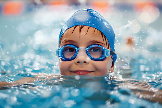 Close-up of a smiling young boy wearing blue goggles and a swim cap during a swimming lesson. The image captures the joy and confidence of a child enjoying swimming in a pool.