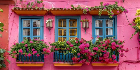 Closeup of vibrant pink architecture with colorful window blooms in Colombia. Concept Travel Photography, Vibrant Architecture, Close-up Shots, Colorful Windows, Colombia Landscapes