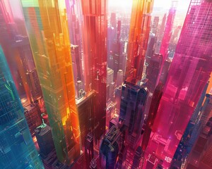 Experience a surreal fusion of reality and imagination through a high-angle perspective of a 3D-rendered, abstract cityscape, pulsating with vivid colors and unexpected angles