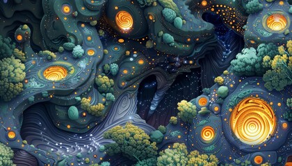Explore a dreamlike landscape from a birds eye view, where abstract swirls and shapes blend seamlessly with intricate pixel art details