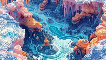 Explore a dreamlike landscape from a birds eye view, where abstract swirls and shapes blend seamlessly with intricate pixel art details