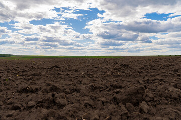 Close-up of black soil on an agricultural field. Preparation for sowing. Agro industry