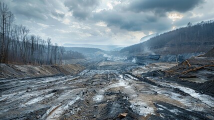 A barren landscape after mountaintop removal mining, showing the dramatic alteration and destruction of natural environments.