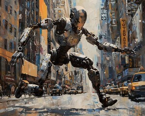 Express the fusion of street art and artificial intelligence through a traditional oil painting medium Showcase the intricate details of the robotic dance against a gritty urban ba