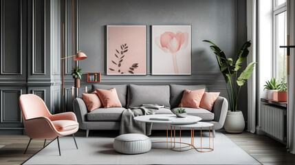 an elegant Scandinavian living room with gray walls adorned with blush pink framed artwork