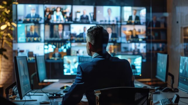 Businessperson leading a virtual meeting, multiple screens and participants visible