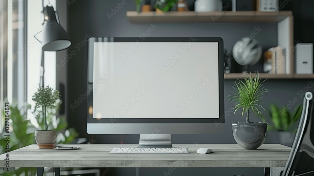 Poster a computer monitor sits on a desk with a potted plant and a vase