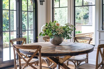 Cozy breakfast nook with a wooden round table and rustic chairs featuring a floral arrangement