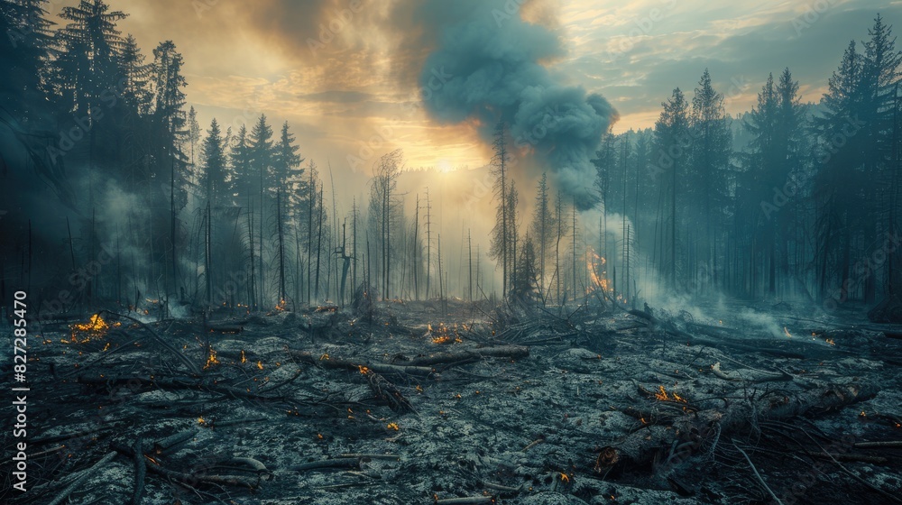 Aufkleber devastated forest area after a wildfire, emphasizing the increasing frequency and severity of forest