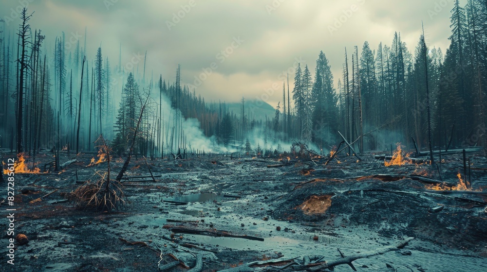 Aufkleber devastated forest area after a wildfire, emphasizing the increasing frequency and severity of forest