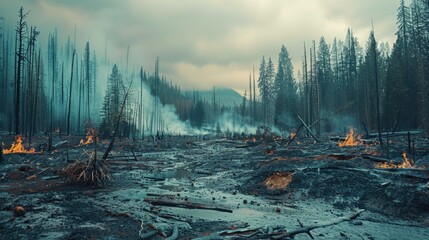 Devastated forest area after a wildfire, emphasizing the increasing frequency and severity of forest fires due to climate change.