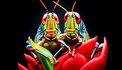 Two vividly coloured rainbow grasshoppers perched on a vibrant red flower, showcasing their intricate details against a black background. 